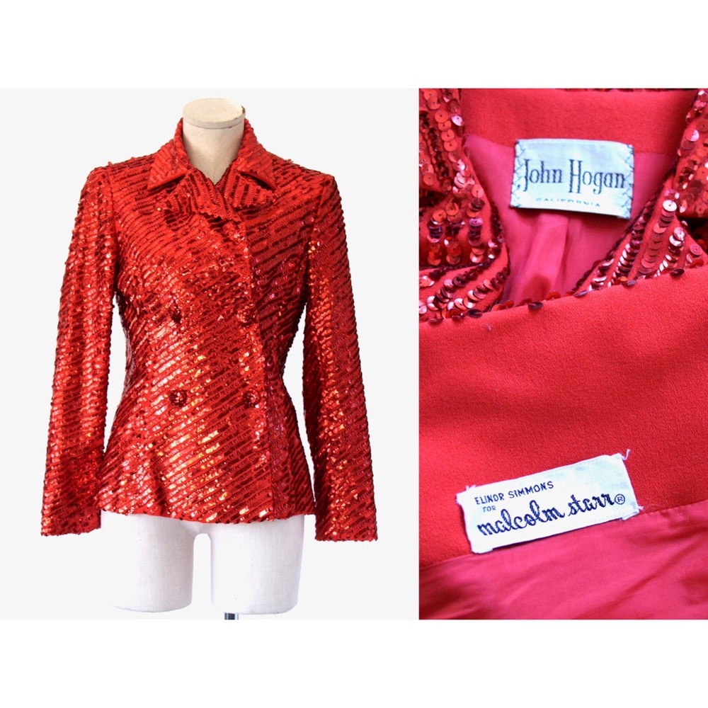 1960s Malcom Star Double Breasted Crepe Wool Sequin Embellished Coat